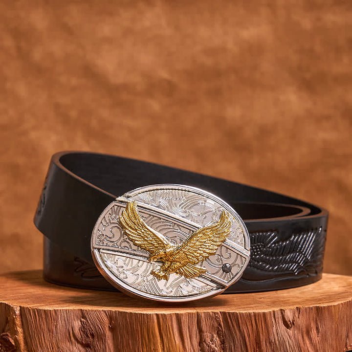 Herren DIY Gold & Silber Adler Verstecktes Klappmesser Ledergürtel - Adler - Schwarzer Gürtel mit geprägtem Adler - 42 - image 4