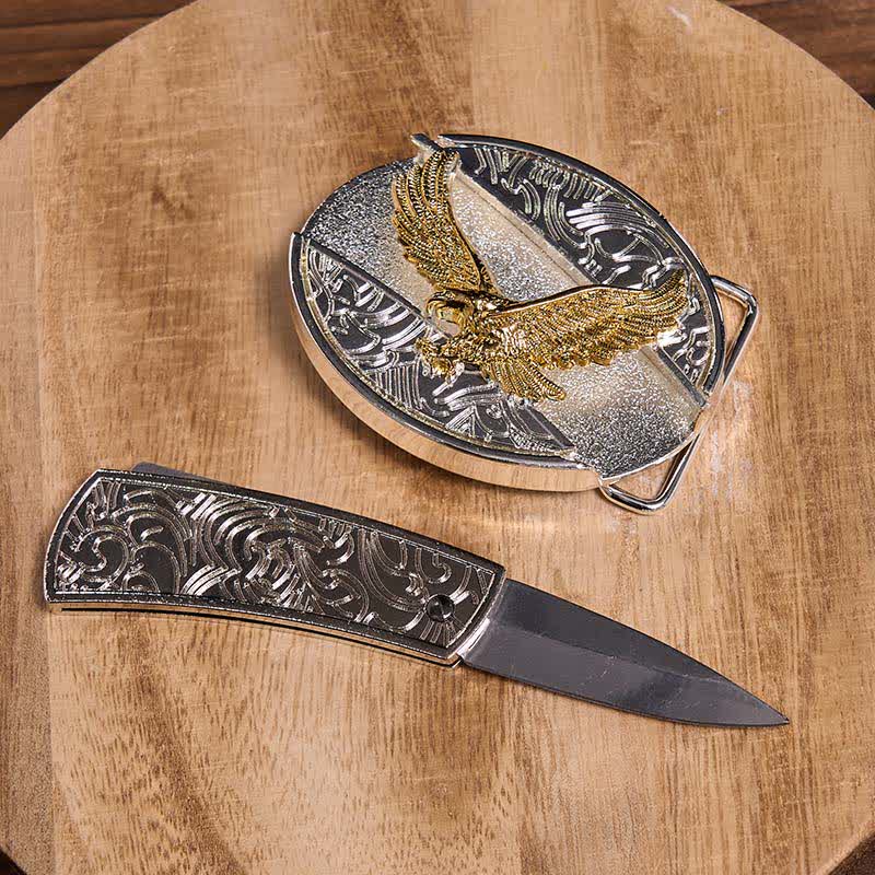 Herren DIY Gold & Silber Adler Verstecktes Klappmesser Ledergürtel - image 3