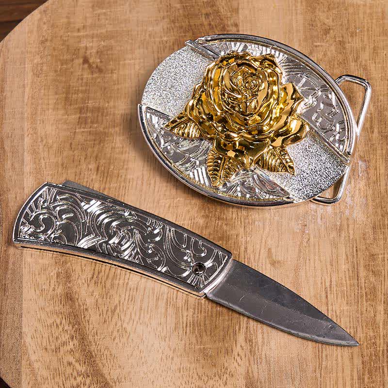 DIY-Ledergürtel für Herren mit verstecktem Klappmesser in Gold und Silber mit Rose - image 3