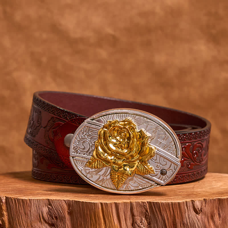 DIY-Ledergürtel für Herren mit verstecktem Klappmesser in Gold und Silber mit Rose - Rose - Brauner geschnitzter Gürtel - 42 - image 8