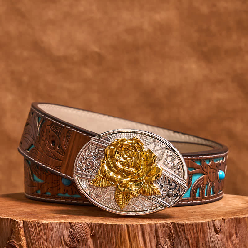 DIY-Ledergürtel für Herren mit verstecktem Klappmesser in Gold und Silber mit Rose - Rose - Türkisfarbener geschnitzter Gürtel - 42 - image 5