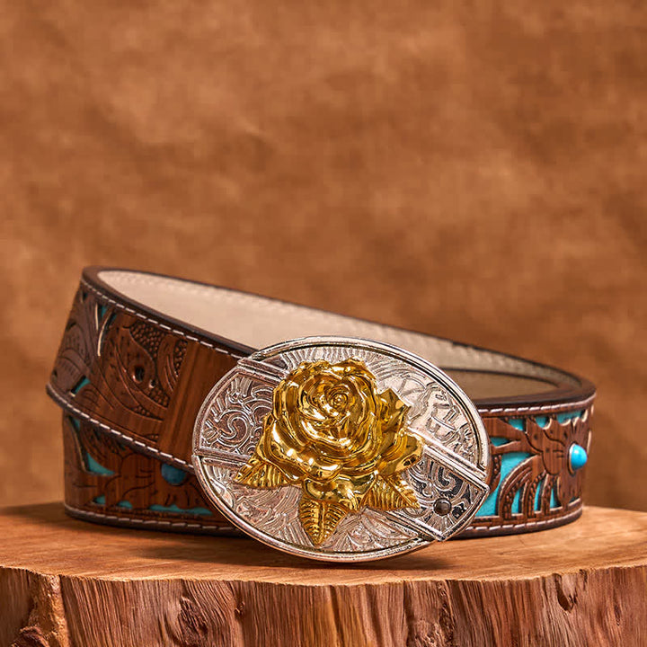 DIY-Ledergürtel für Herren mit verstecktem Klappmesser in Gold und Silber mit Rose - Rose - Türkisfarbener geschnitzter Gürtel - 42 - image 5