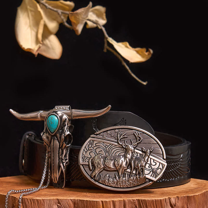 Praktisches DIY Versteckte Messerschnalle Türkis Longhorn Bull Anhänger Bundle Set - Doppelhirsche - Schwarzer Gürtel mit geprägtem Adler - 40 - image 10