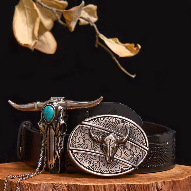 Praktisches DIY Versteckte Messerschnalle Türkis Longhorn Bull Anhänger Bundle Set - Stier - Schwarzer Gürtel mit geprägtem Adler - 40 - image 24