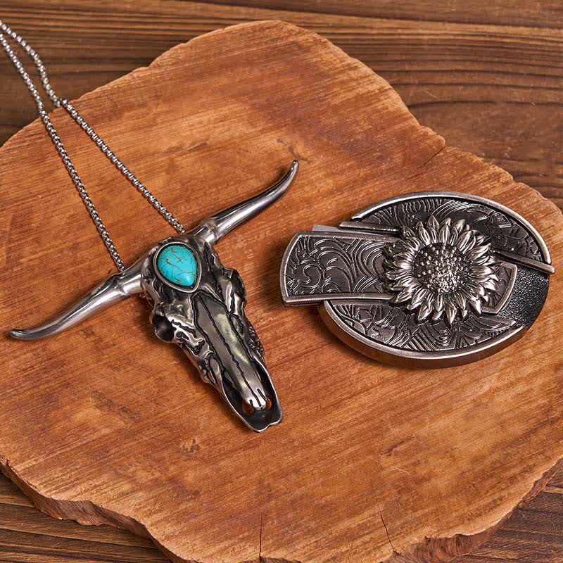 Praktisches DIY Versteckte Messerschnalle Türkis Longhorn Bull Anhänger Bundle Set