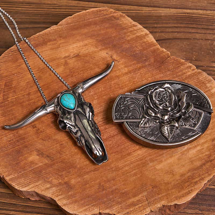 Praktisches DIY Versteckte Messerschnalle Türkis Longhorn Bull Anhänger Bundle Set