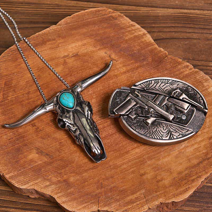 Praktisches DIY Versteckte Messerschnalle Türkis Longhorn Bull Anhänger Bundle Set