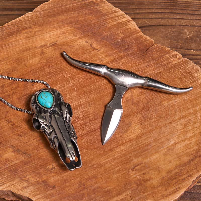 Praktisches DIY Versteckte Messerschnalle Türkis Longhorn Bull Anhänger Bundle Set