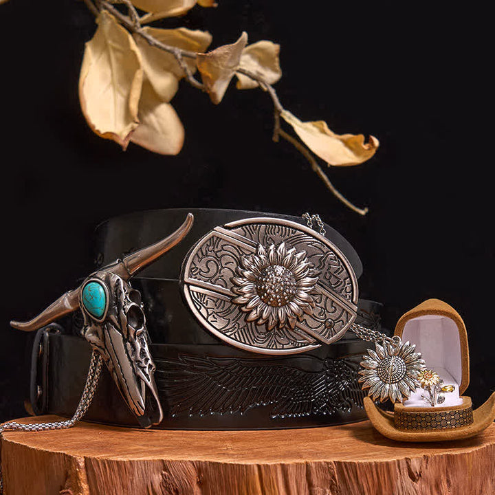 DIY-Set mit Sonnenblumenmotiv, versteckter Messerschnalle und türkisfarbenem Stieranhänger - Sonnenblume - Schwarzer Gürtel mit geprägtem Adler - 42 - image 0