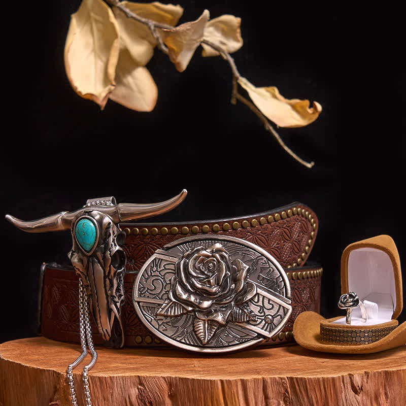 DIY-Gürtelschnalle mit Rosenmotiv und verstecktem Messer, türkisfarbenem Stieranhänger-Set (Vorverkauf) - Rose - Brauner Nietengürtel - 42 - image 7