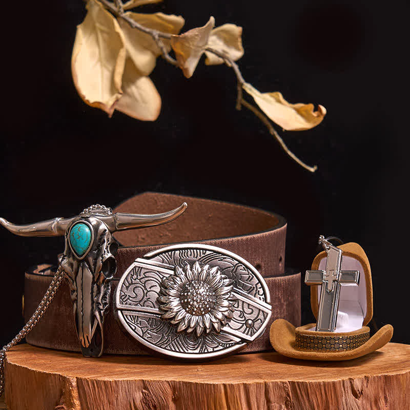 DIY-Set mit versteckter Messerschnalle, türkisfarbenem Stieranhänger und Kreuzkette - Sonnenblume - Brauner Distressed-Gürtel - 42 - image 0