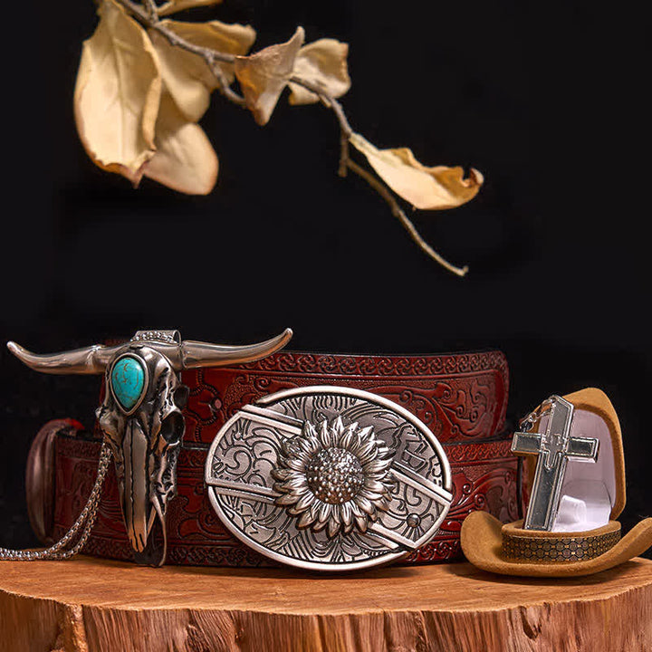 DIY-Set mit versteckter Messerschnalle, türkisfarbenem Stieranhänger und Kreuzkette - Sonnenblume - Brauner geschnitzter Gürtel - 42 - image 10