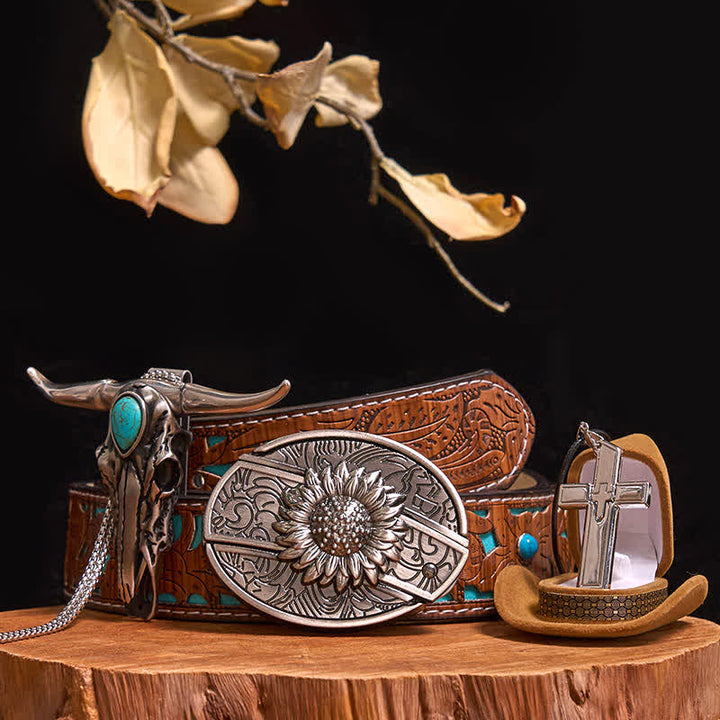 DIY-Set mit versteckter Messerschnalle, türkisfarbenem Stieranhänger und Kreuzkette (Vorverkauf) - Sonnenblume - Türkisfarbener geschnitzter Gürtel - 42 - image 8