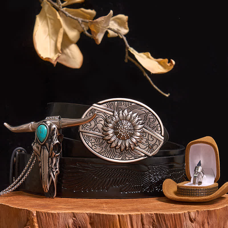 DIY-Set mit versteckter Messerschnalle, türkisfarbenem Stieranhänger und Messerring (Vorverkauf) - Sonnenblume - Schwarzer Gürtel mit geprägtem Adler - 40 - image 0