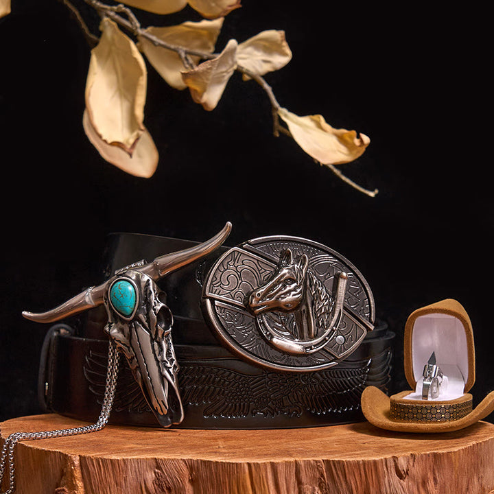 DIY-Set mit versteckter Messerschnalle, türkisfarbenem Stieranhänger und Messerring (Vorverkauf) - Pferdekopf - Schwarzer Gürtel mit geprägtem Adler - 40 - image 12