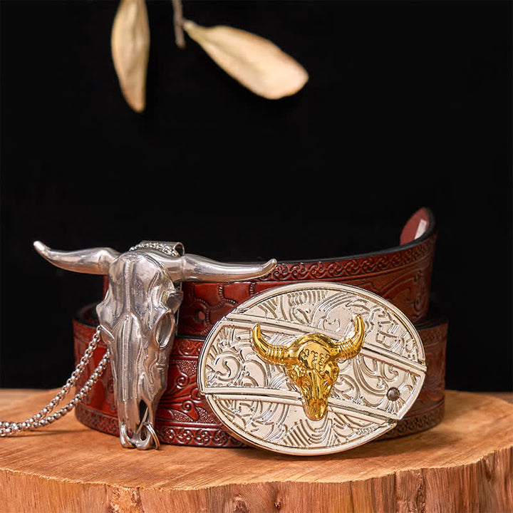Gold & Silber DIY versteckte Messer Gürtelschnalle Longhorn Bull Anhänger Bundle Set - Stier - Brauner geschnitzter Gürtel - 42 - image 9