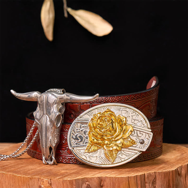 Gold & Silber DIY versteckte Messer Gürtelschnalle Longhorn Bull Anhänger Bundle Set - Rose - Brauner geschnitzter Gürtel - 42 - image 24