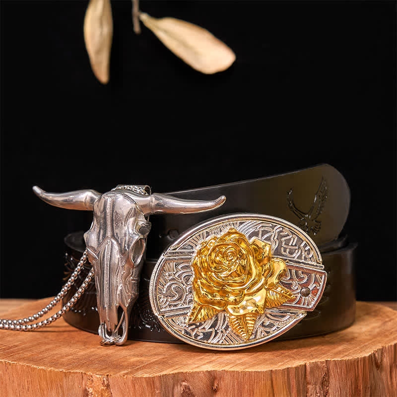 Gold & Silber DIY versteckte Messer Gürtelschnalle Longhorn Bull Anhänger Bundle Set - Rose - Schwarzer Gürtel mit geprägtem Adler - 42 - image 20