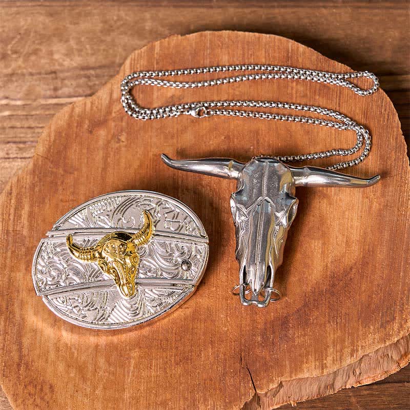 Gold & Silber DIY versteckte Messer Gürtelschnalle Longhorn Bull Anhänger Bundle Set - Stier - Ohne Gürtel - Gürtel nicht enthalten - image 1