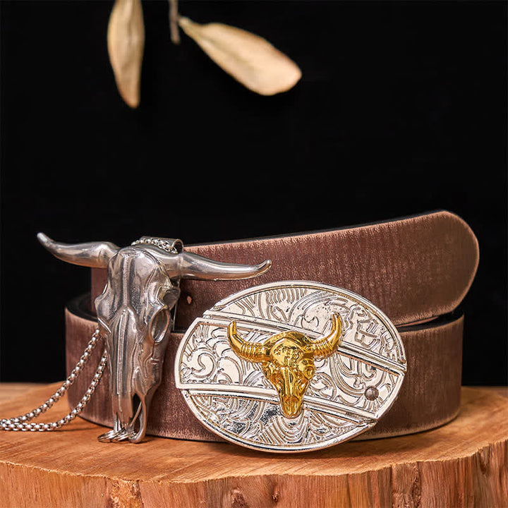 Gold & Silber DIY versteckte Messer Gürtelschnalle Longhorn Bull Anhänger Bundle Set - Stier - Brauner Distressed-Gürtel - 42 - image 8