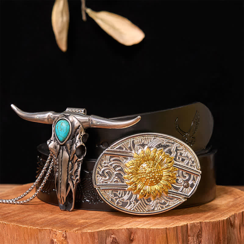 Set aus Gold- und Silber-DIY-Gürtelschnalle mit verstecktem Messer und türkisfarbenem Longhorn-Anhänger (VORVERKAUF) - Sonnenblume - Schwarzer Gürtel mit geprägtem Adler - 42 - image 14