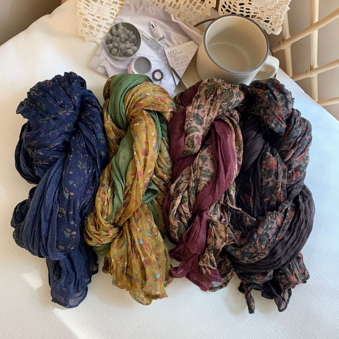 Dünner, weicher Vintage-Schal mit Plissee und Blumenmuster für Damen