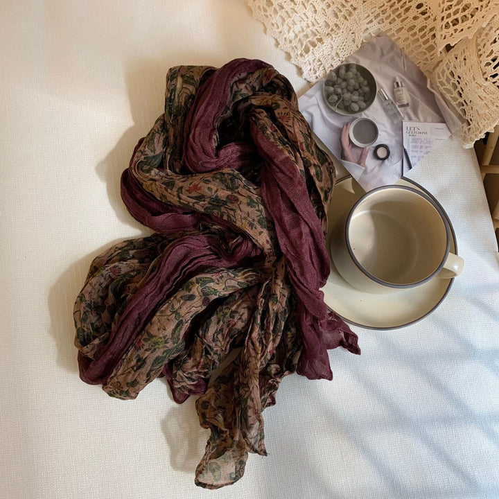 Dünner, weicher Vintage-Schal mit Plissee und Blumenmuster für Damen