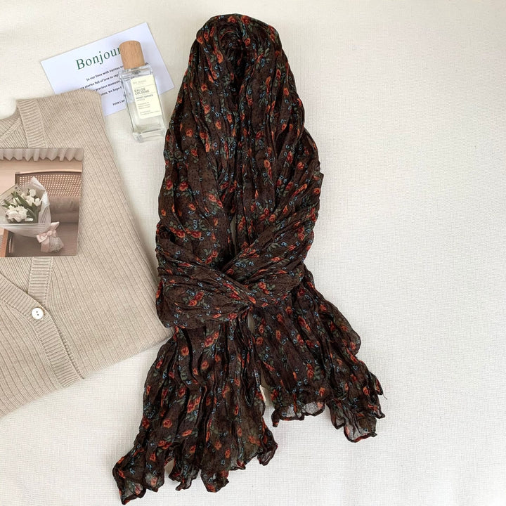 Dünner, weicher Vintage-Schal mit Plissee und Blumenmuster für Damen