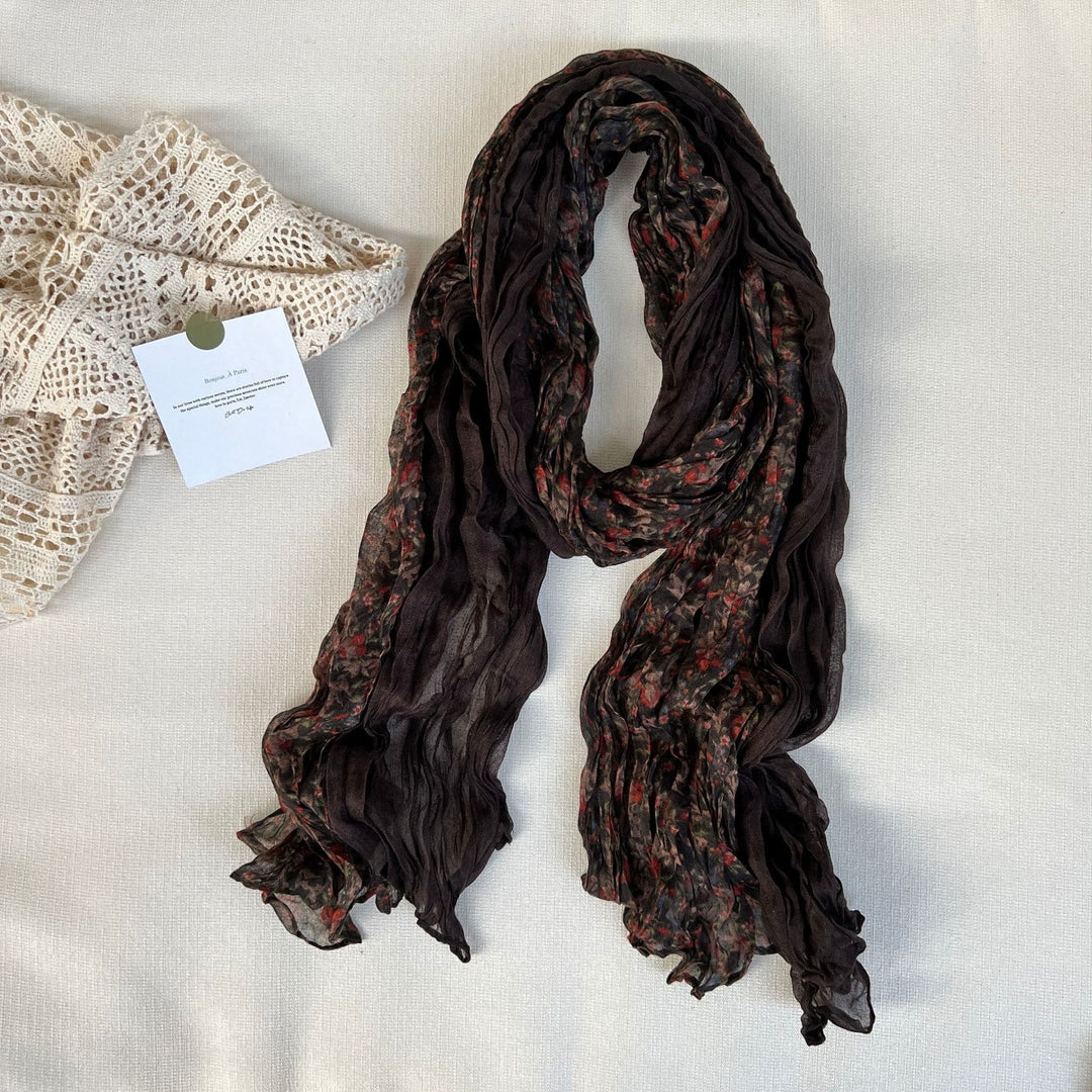 Dünner, weicher Vintage-Schal mit Plissee und Blumenmuster für Damen