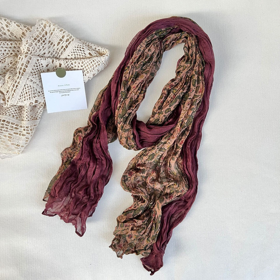 Dünner, weicher Vintage-Schal mit Plissee und Blumenmuster für Damen