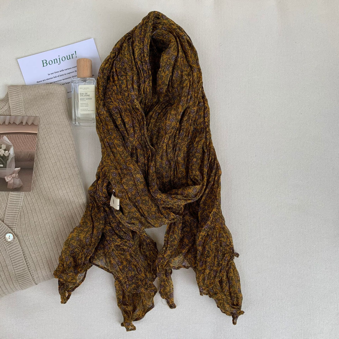 Dünner, weicher Vintage-Schal mit Plissee und Blumenmuster für Damen
