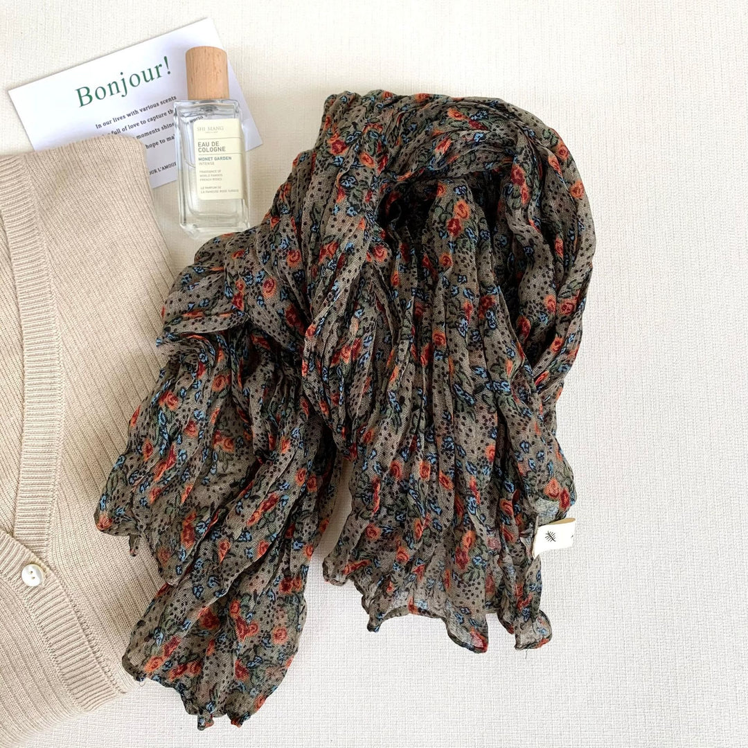 Dünner, weicher Vintage-Schal mit Plissee und Blumenmuster für Damen