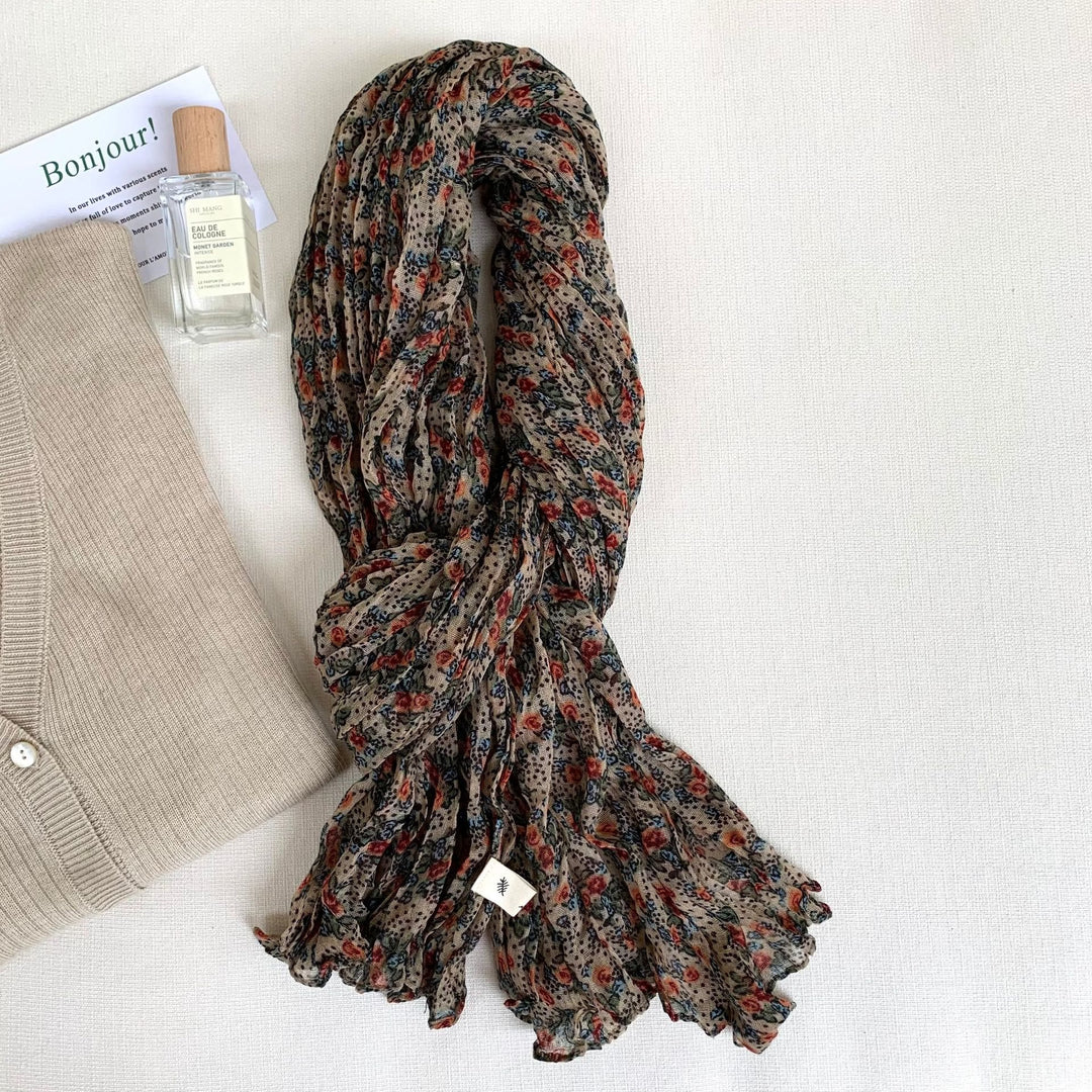 Dünner, weicher Vintage-Schal mit Plissee und Blumenmuster für Damen