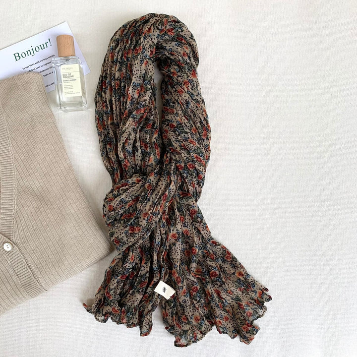 Dünner, weicher Vintage-Schal mit Plissee und Blumenmuster für Damen