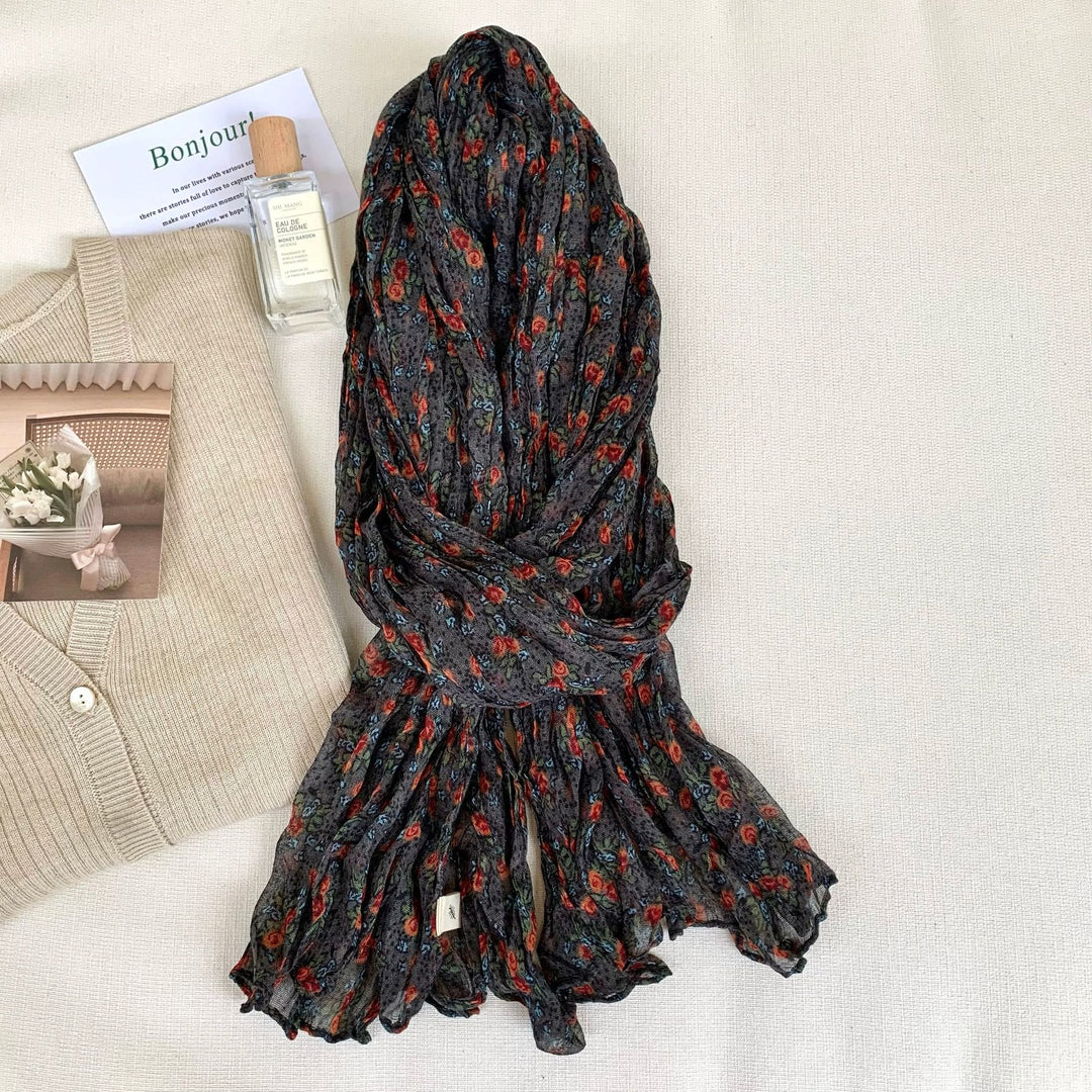 Dünner, weicher Vintage-Schal mit Plissee und Blumenmuster für Damen