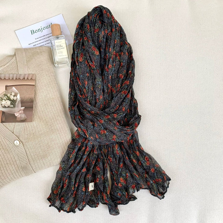 Dünner, weicher Vintage-Schal mit Plissee und Blumenmuster für Damen