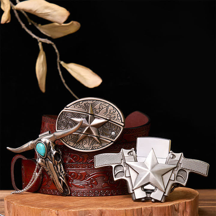 DIY-Set mit verstecktem Sternmesser, Gürtelschnalle, Feuerzeug, türkisfarbenem Longhorn-Anhänger - Stern - Brauner geschnitzter Gürtel - 42 - image 9