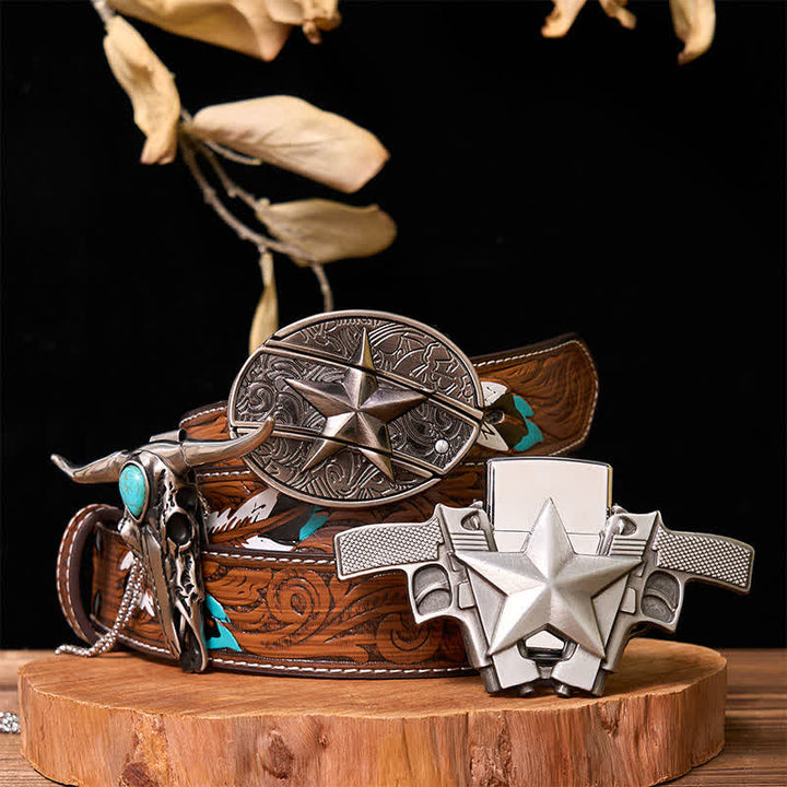 DIY-Set mit verstecktem Sternmesser, Gürtelschnalle, Feuerzeug, türkisfarbenem Longhorn-Anhänger - Stern - Brauner Federgürtel - 40 - image 10