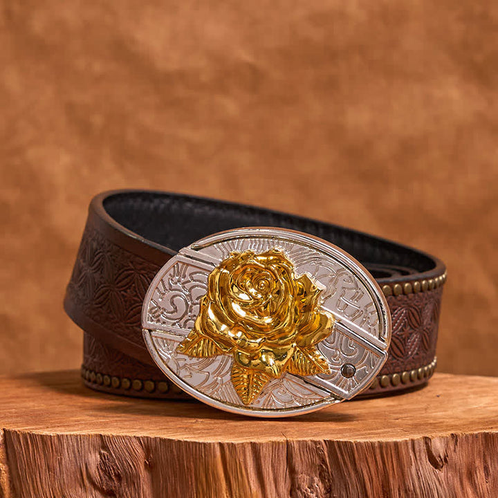 DIY-Ledergürtel für Herren mit verstecktem Klappmesser in Gold und Silber mit Rose - Rose - Brauner Nietengürtel - 42 - image 6