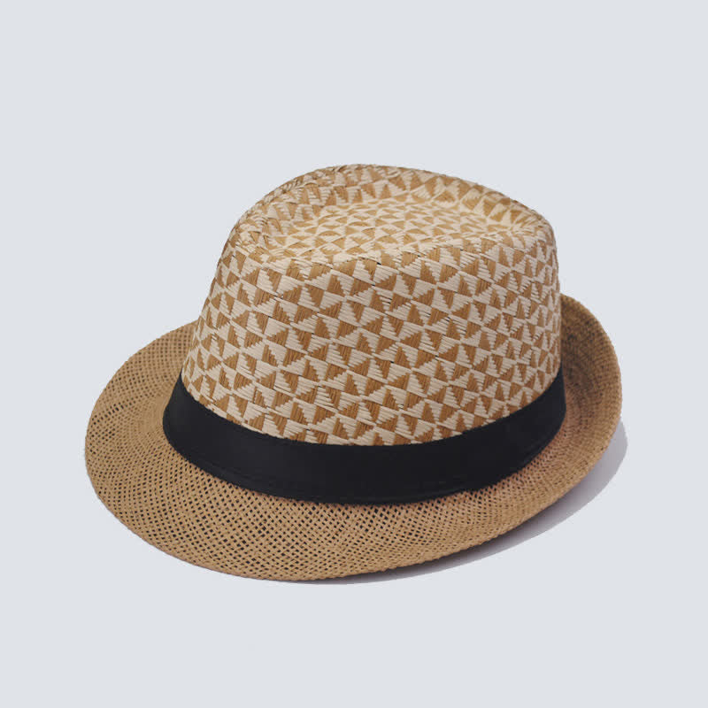 Klassischer Fedora-Strandhut aus Stroh mit Karomuster für Herren