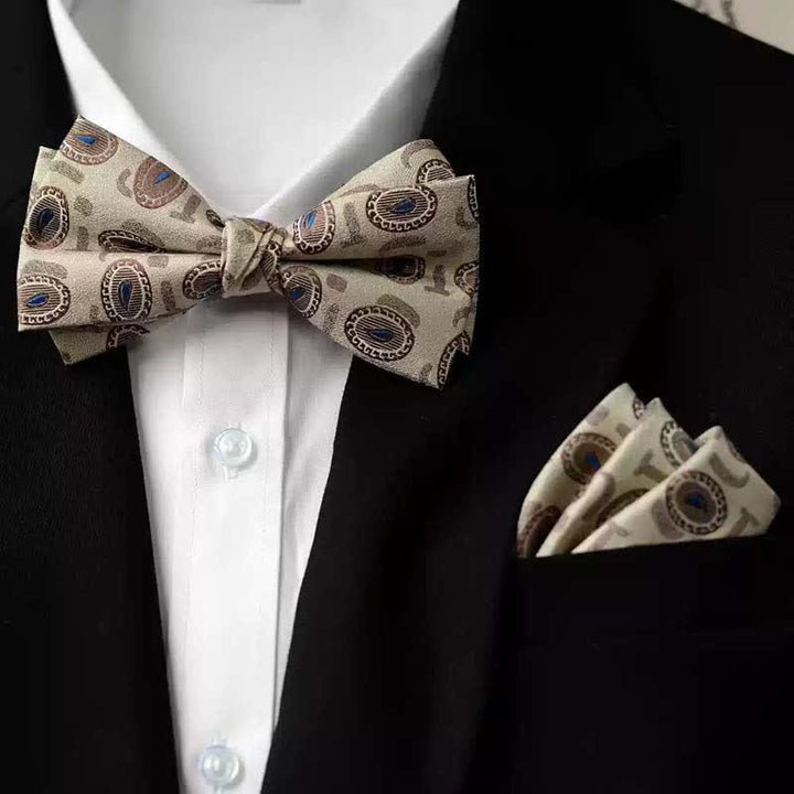 Doppellagige Fliege mit Einstecktuch und Vintage-Print für Herren