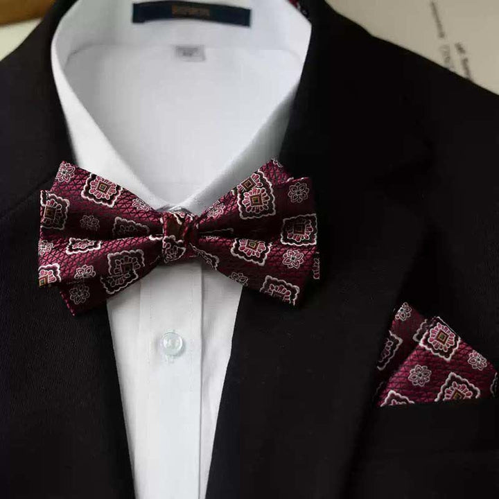Doppellagige Fliege mit Einstecktuch und Vintage-Print für Herren