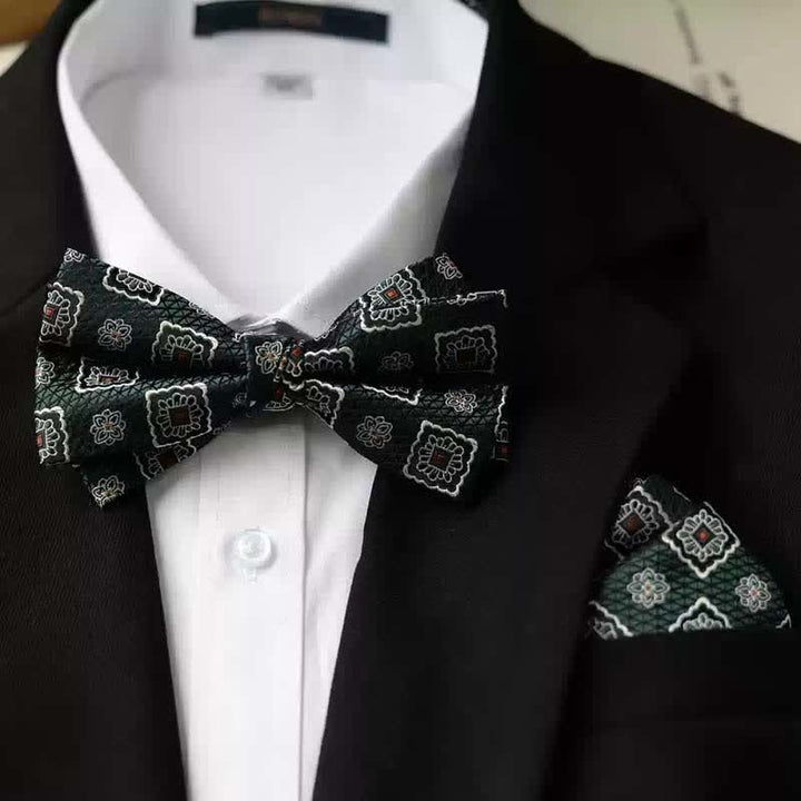 Doppellagige Fliege mit Einstecktuch und Vintage-Print für Herren