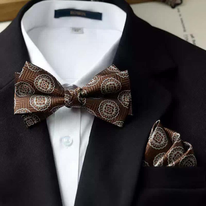 Doppellagige Fliege mit Einstecktuch und Vintage-Print für Herren