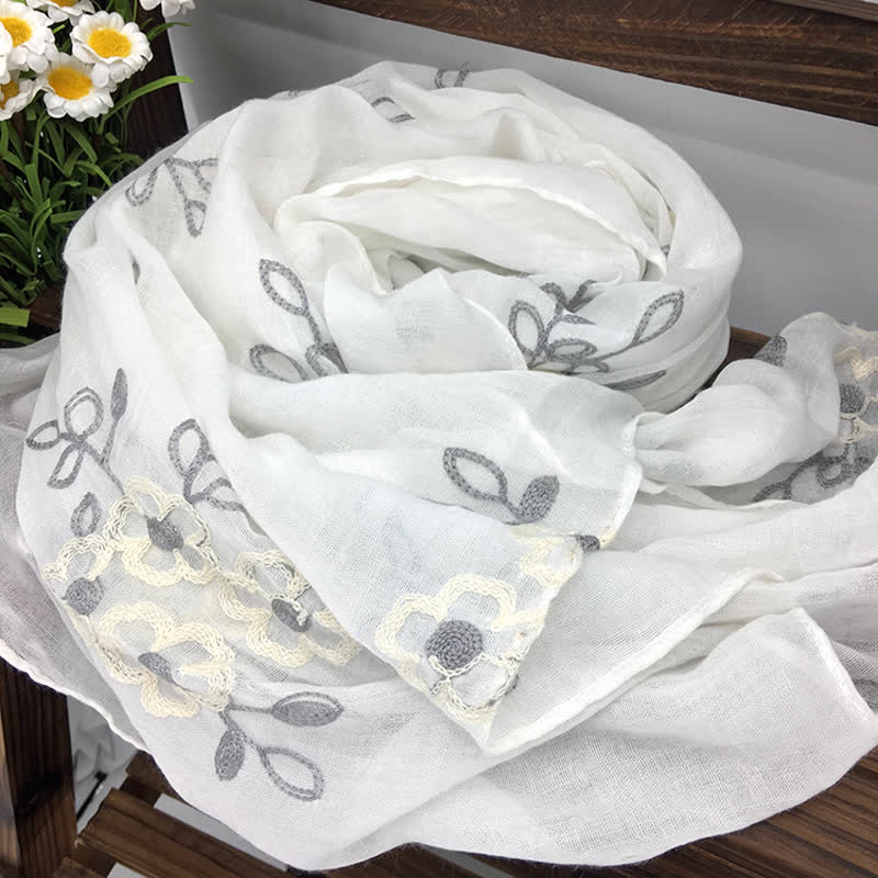Dünner Damenschal aus Baumwoll-Leinen-Mischgewebe mit Blumenstickerei im Nationalstil - Weiß - image 12