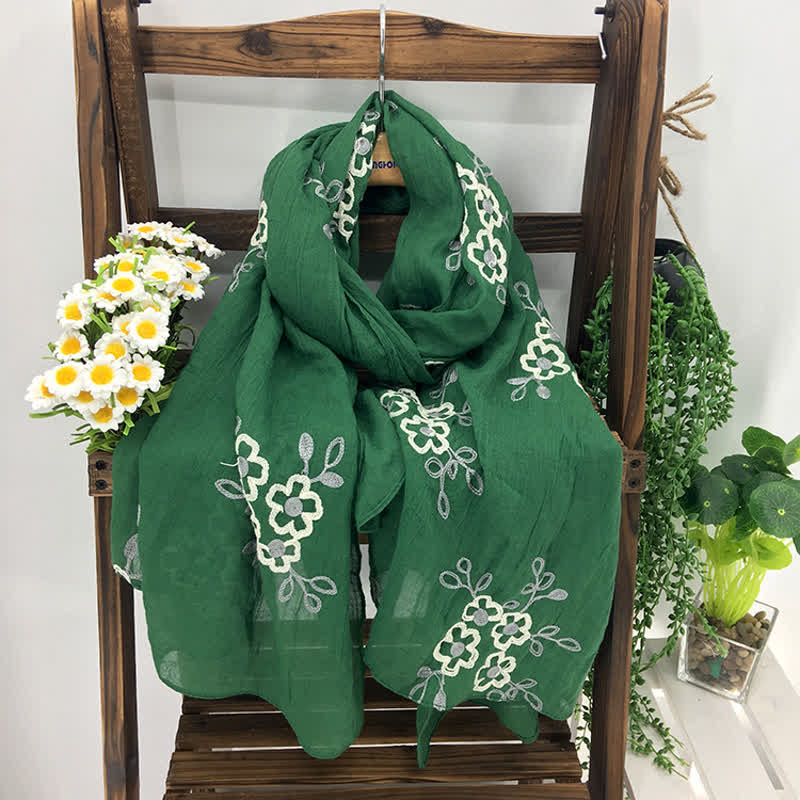 Dünner Damenschal aus Baumwoll-Leinen-Mischgewebe mit Blumenstickerei im Nationalstil - Grün - image 0