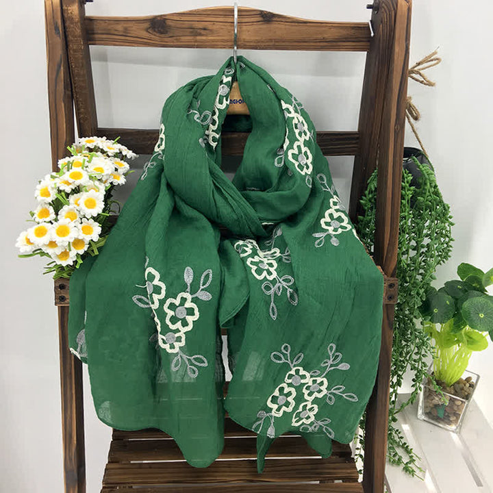 Dünner Damenschal aus Baumwollleinen mit Blumenstickerei
