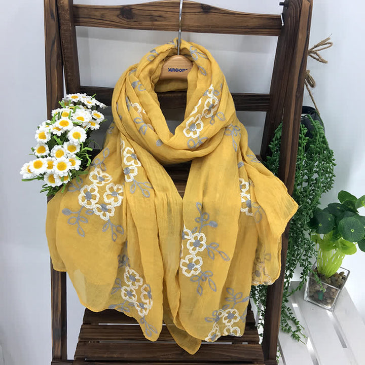 Dünner Damenschal aus Baumwollleinen mit Blumenstickerei