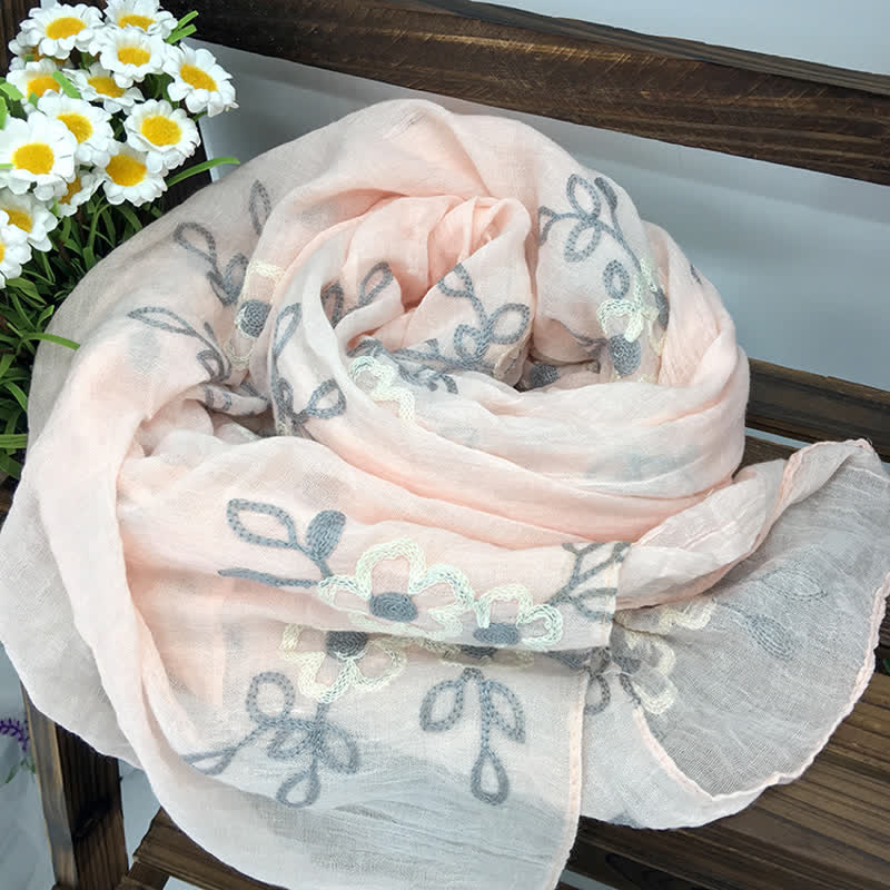 Dünner Damenschal aus Baumwollleinen mit Blumenstickerei