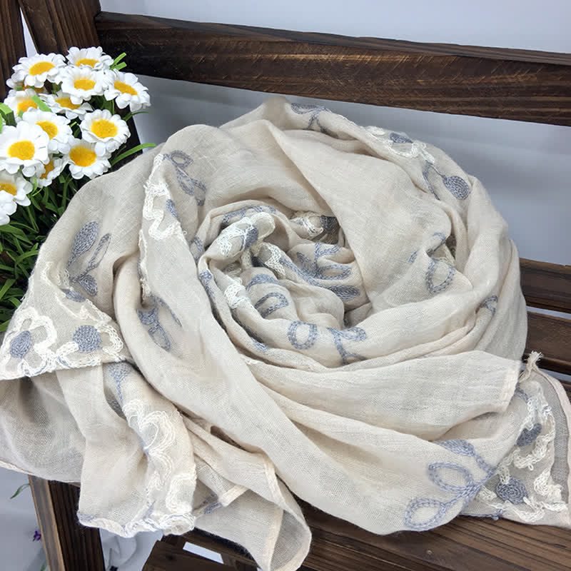 Dünner Damenschal aus Baumwollleinen mit Blumenstickerei